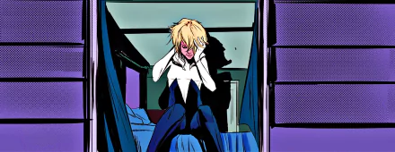HD desktop wallpaper and background featuring Gwen Stacy as Spider-Woman (Spider-Gwen) from the comics, sitting on the edge of a bed with her hands on her head.