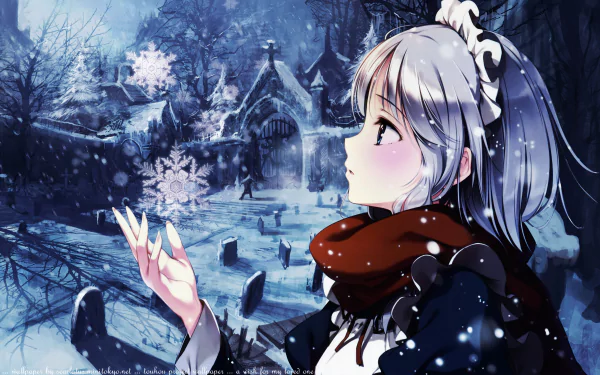 HD anime desktop wallpaper featuring Sakuya Izayoi from Touhou, standing in a snowy graveyard with snowflakes gently falling around her.