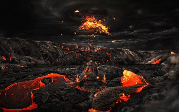 HD fantasy PC wallpaper depicting a glowing fiery tree emerging from volcanic lava with a mysterious woman silhouette in a dark, molten landscape.