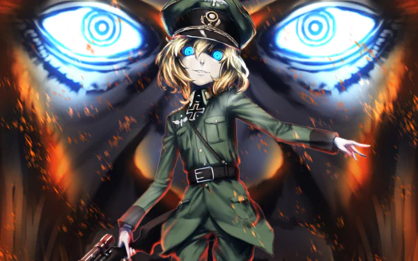An HD wallpaper featuring Tanya Degurechaff from the anime Youjo Senki, with intense glowing blue eyes in the background and fiery elements. Tanya is in a military uniform, holding a weapon.