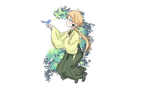 Anime, Urara Meirochō 2K Quad HD PC desktop wallpaper/background: blonde shrine maiden in green kimono offers a blue bird against soft watercolor foliage.