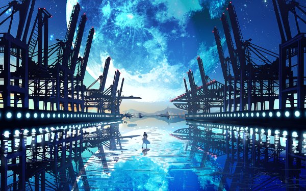 Anime Origineel Dress Reflectie Maan Horizon HD Wallpaper | Achtergrond