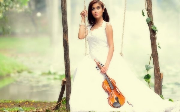 Women Bride Model Brunette Wedding Dress White Dress Violin Instrument HD Wallpaper | Background Image