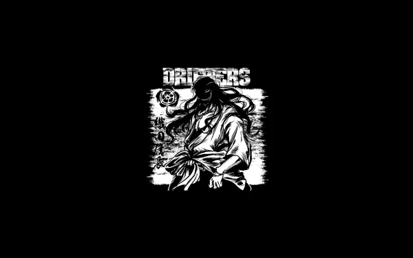 Black and white HD anime desktop wallpaper depicting Nobunaga Oda from the series Drifters with bold text and dynamic shading on a black background.