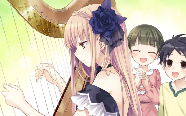 HD PC desktop wallpaper of Mariano (Fairy Fencer F) playing a harp, blue rose in her hair, while two children smile behind her — Fairy Fencer F video game art.