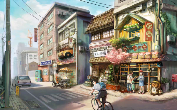 HD anime desktop wallpaper showcasing a charming street with shops, people, and a cyclist. The vibrant scene features traditional and modern buildings under a clear, sunny sky.