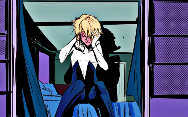 HD desktop wallpaper and background featuring Gwen Stacy as Spider-Woman (Spider-Gwen) from the comics, sitting on the edge of a bed with her hands on her head.