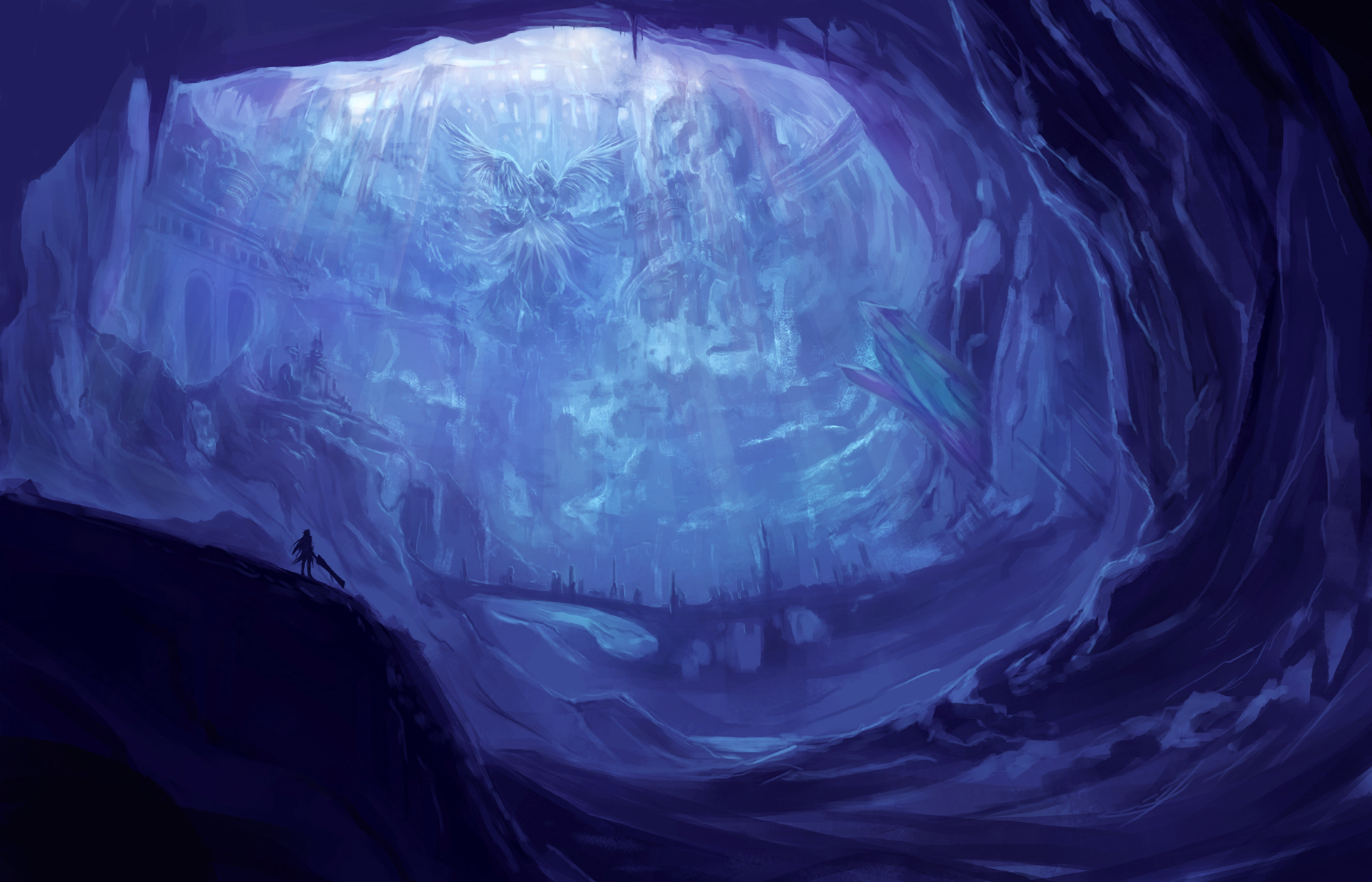 Premium AI Image  anime style a digital painting of a cave with a  waterfall in the background