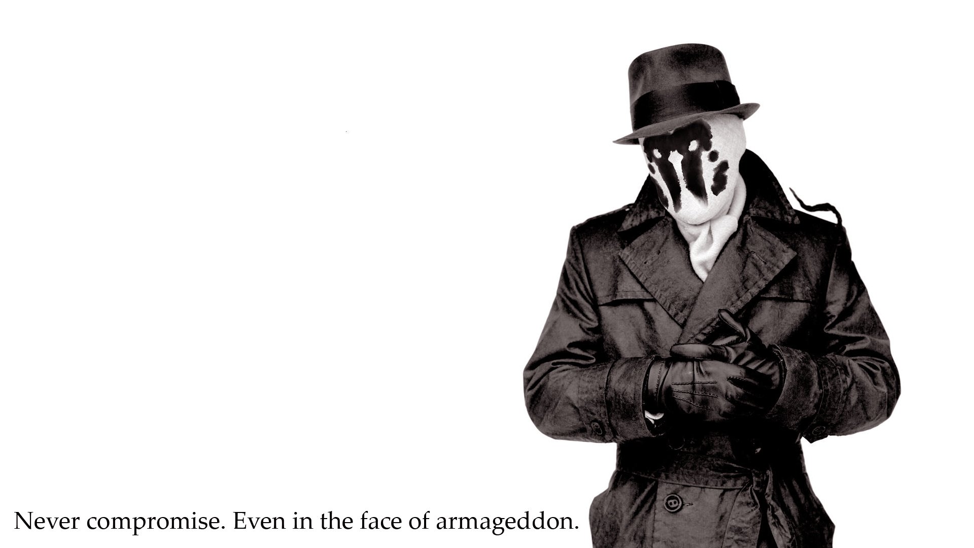 HD PC desktop wallpaper featuring Rorschach from the comic Watchmen, dressed in a trench coat and fedora with his iconic inkblot mask against a white background.