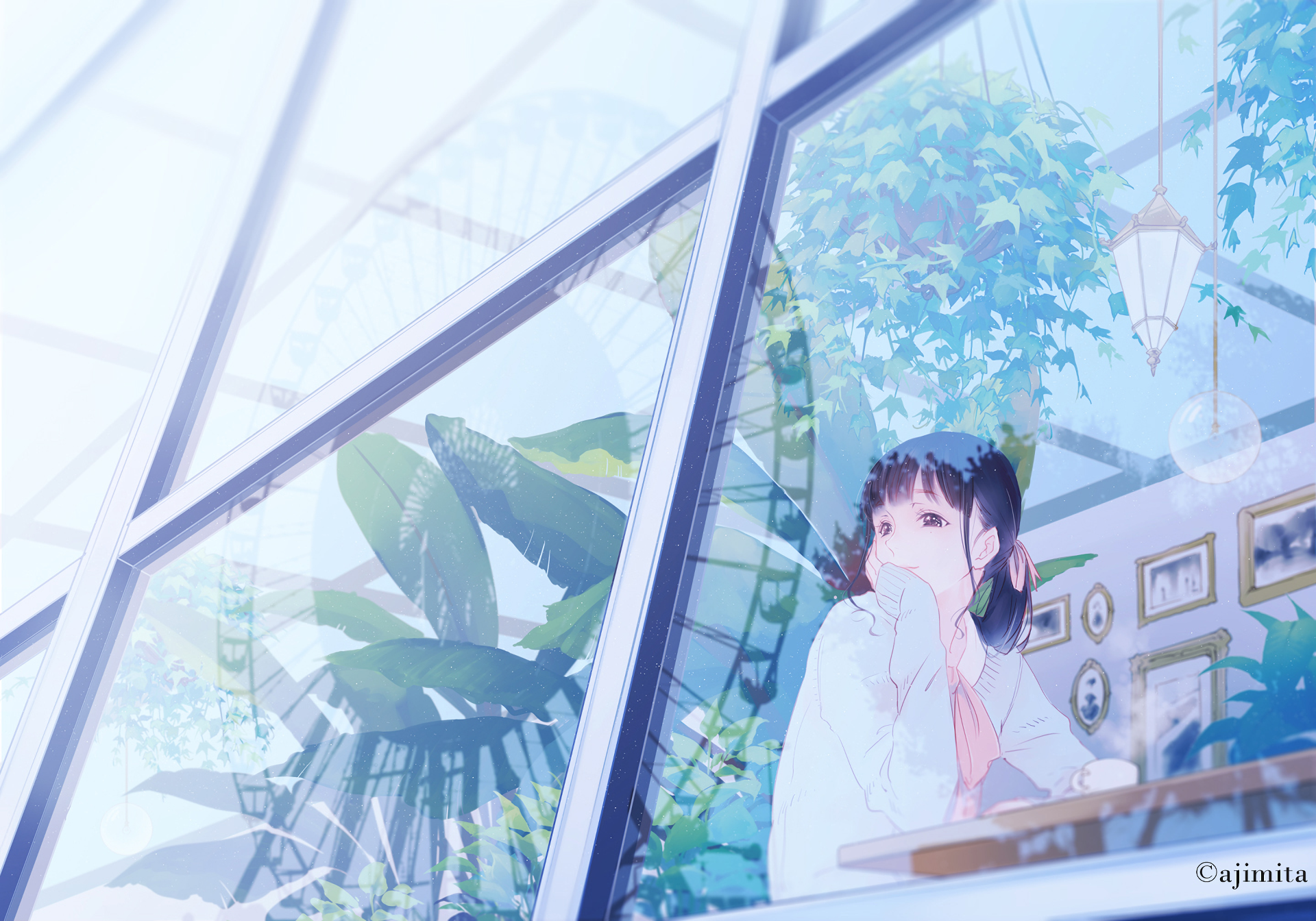 Dreamy Cafe Reflections - Original Anime HD Wallpaper