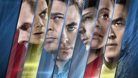 HD PC desktop wallpaper featuring the main cast of the movie Star Trek Beyond, with stylized diagonal panels highlighting each character against a vibrant background.
