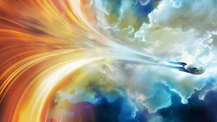 HD PC desktop wallpaper featuring the USS Enterprise soaring through a vibrant cosmic nebula from the Star Trek movie, Star Trek Beyond.