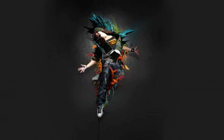Artistic human figure in midair, fragments of colorful feathers and shards radiating from torso against dark backdrop — HD PC desktop wallpaper/background, high-contrast, dynamic composition.