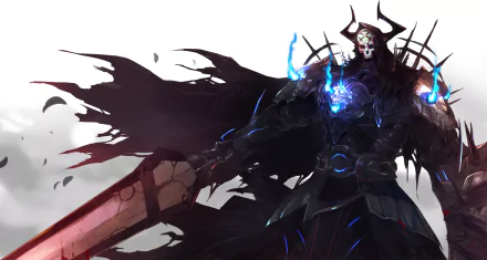 Anime HD desktop wallpaper featuring King Hassan from Fate/Grand Order, showcasing the character in dark, elaborate armor with glowing blue accents and holding a massive sword.