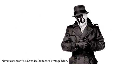 HD PC desktop wallpaper featuring Rorschach from the comic Watchmen, dressed in a trench coat and fedora with his iconic inkblot mask against a white background.
