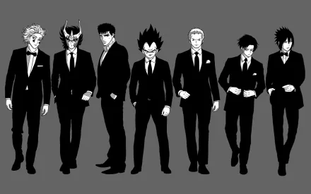 A high-definition desktop wallpaper featuring crossover characters from Hunter x Hunter, Saint Seiya, Berserk, One Piece, Dragon Ball, Attack on Titan, and Naruto, all dressed in black suits against a grey background.