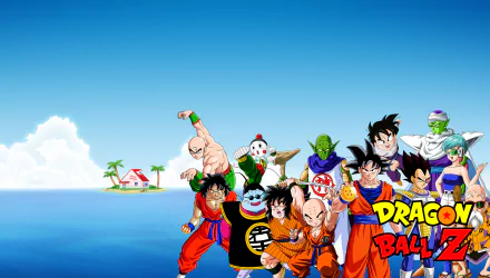 HD desktop wallpaper featuring characters from Dragon Ball Z with a serene ocean background and a small island with a house on the side.