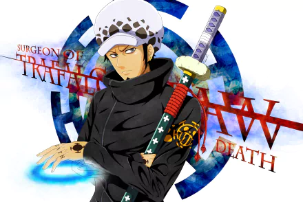 HD desktop wallpaper featuring Trafalgar Law from the anime One Piece, showcasing the character in a confident pose with his sword and signature tattoos.