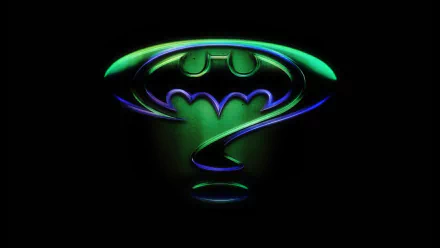 HD PC desktop wallpaper featuring the combined Batman and Riddler symbols from the movie Batman Forever, glowing in green and purple on a dark background.