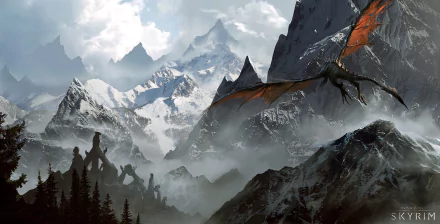 HD wallpaper featuring a dragon soaring above snow-capped mountains in a misty landscape, inspired by the video game The Elder Scrolls V: Skyrim.