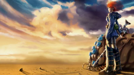 HD PC desktop wallpaper from the anime Nausicaa of the Valley of the Wind, featuring the protagonist standing on a mechanical structure against a dramatic sky.