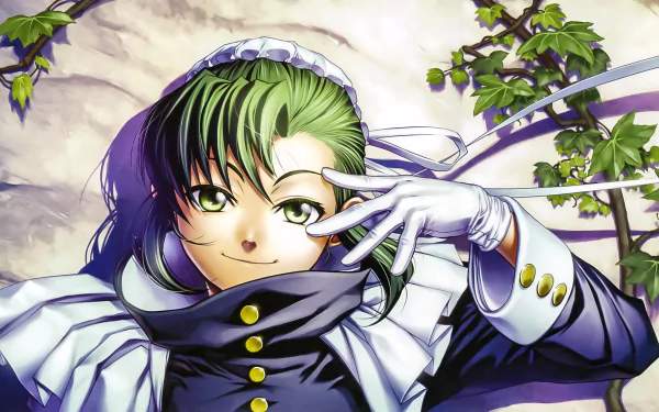 HD PC desktop wallpaper featuring an anime character with green hair from Black Lagoon, wearing a detailed black and white outfit with gloves and ribbons.