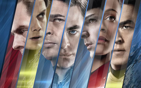 HD PC desktop wallpaper featuring the main cast of the movie Star Trek Beyond, with stylized diagonal panels highlighting each character against a vibrant background.