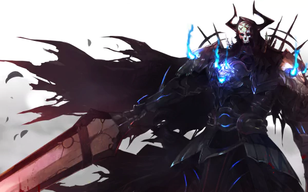 Anime HD desktop wallpaper featuring King Hassan from Fate/Grand Order, showcasing the character in dark, elaborate armor with glowing blue accents and holding a massive sword.