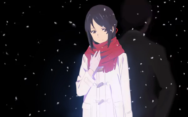 HD wallpaper featuring Mitsuha Miyamizu from the anime Your Name, with a snowy background and a shadowy figure behind her. Mitsuha is wearing a white coat and a red scarf.
