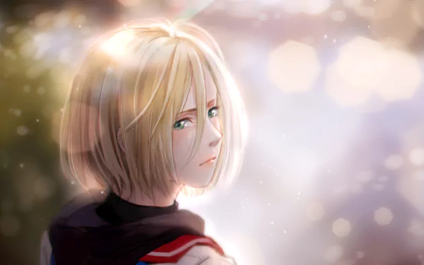 HD desktop wallpaper featuring Yuri Plisetsky from the anime Yuri!!! on ICE. The image showcases Yuri looking over his shoulder with a soft, glowing background.