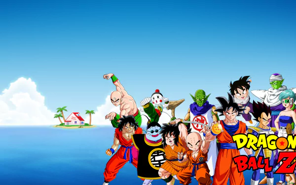 HD desktop wallpaper featuring characters from Dragon Ball Z with a serene ocean background and a small island with a house on the side.