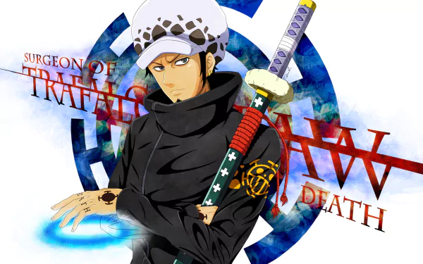 HD desktop wallpaper featuring Trafalgar Law from the anime One Piece, showcasing the character in a confident pose with his sword and signature tattoos.