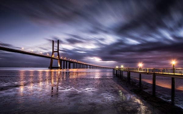 Man Made Vasco da Gama Bridge Bridges Bridge Night Sky Horizon Ocean Lisbon Portugal HD Wallpaper | Background Image