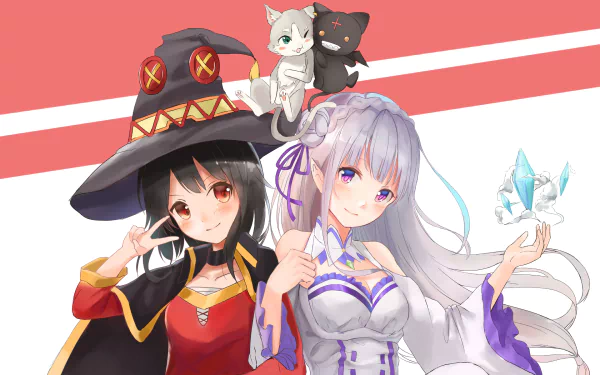 HD desktop wallpaper featuring a crossover of Emilia and Pack from Re:Zero - Starting Life in Another World, and Megumin from KonoSuba. Emilia and Megumin are side by side, showcasing their unique character designs.