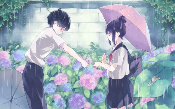 Anime couple in school uniforms holding an umbrella, surrounded by flowers in the rain. The boy offers a blossom to the blushing girl. Tags: blush, umbrella, school uniform, romantic, rain, black hair.