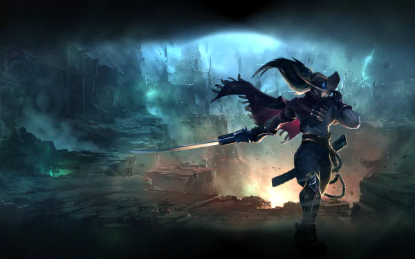 HD desktop wallpaper featuring Yasuo from the video game League of Legends, standing amidst a dark, mystical background with a glowing sword in hand.