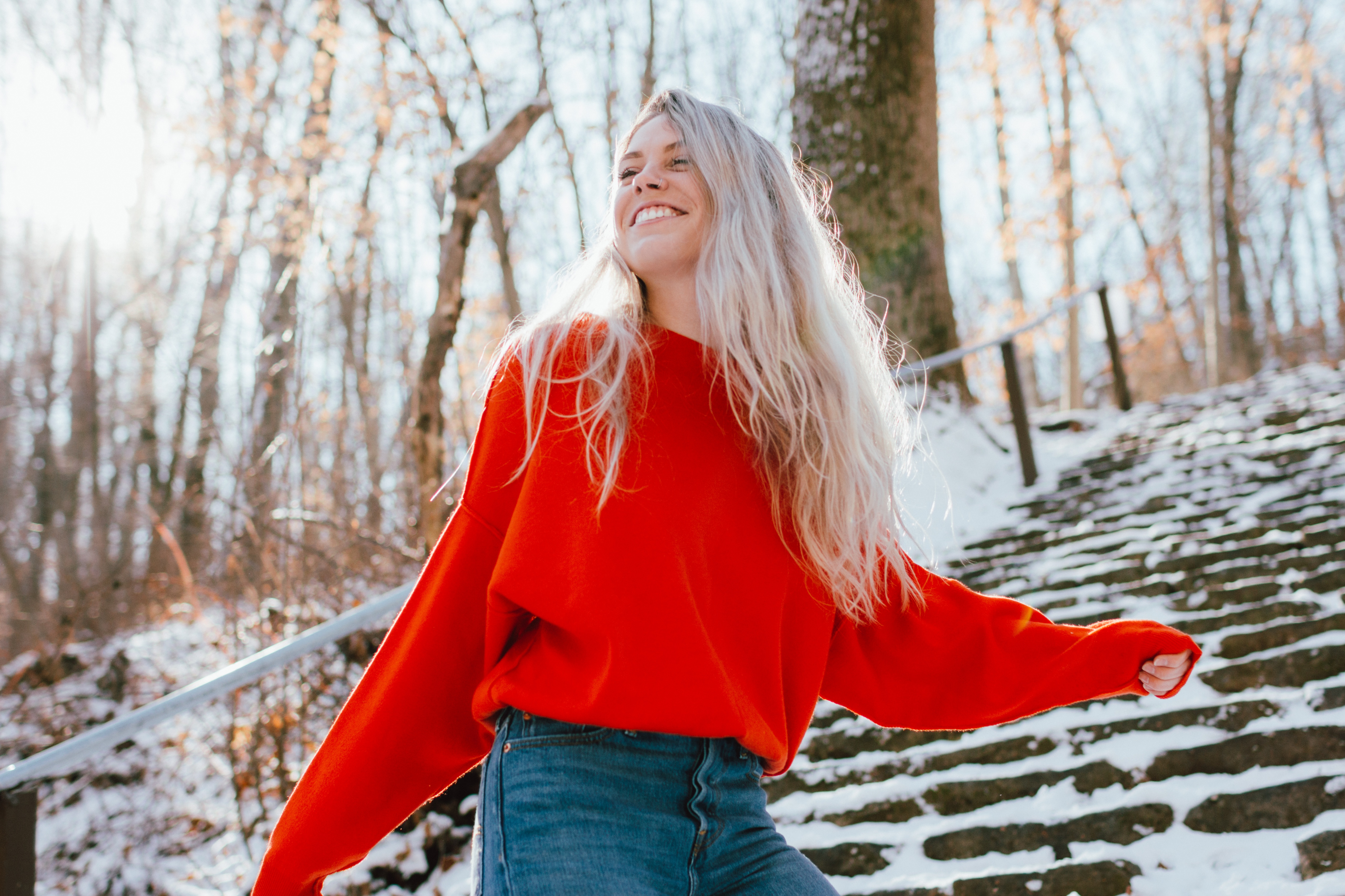 Download Stairs Smile Long Hair Blonde Sunny Model Woman Mood 4k Ultra ...