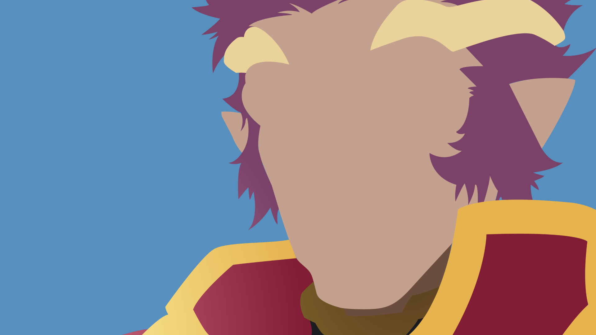 Minimalist 2K Quad HD PC wallpaper of Eugene (Sword Art Online): faceless anime portrait in flat colors, blue background and red-and-gold jacket.