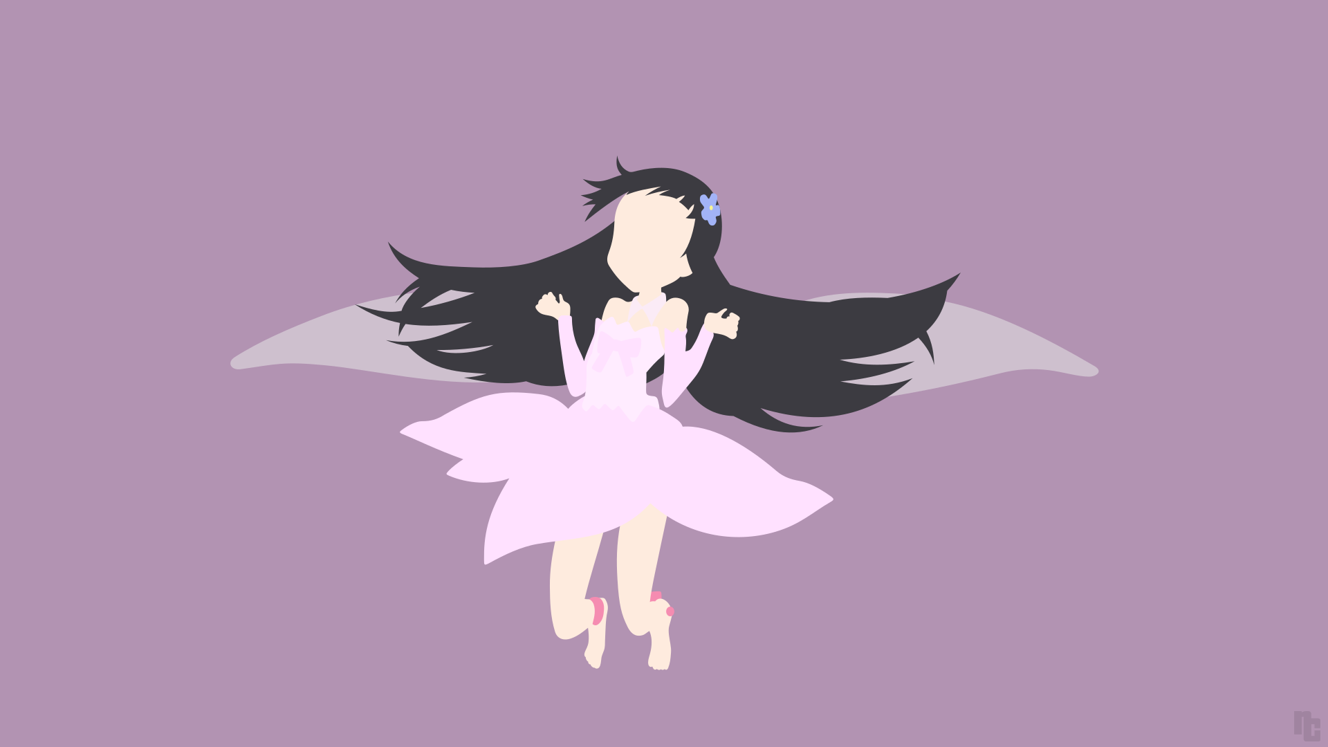 Minimalist anime HD desktop wallpaper featuring Yui from Sword Art Online with flowing black hair and a pale pink dress against a muted purple background.