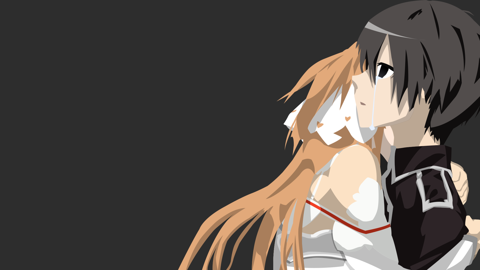 Minimalist HD wallpaper featuring Kazuto Kirigaya (Kirito) and Asuna Yuuki from Sword Art Online. The anime characters are depicted in a light embrace against a dark backdrop.