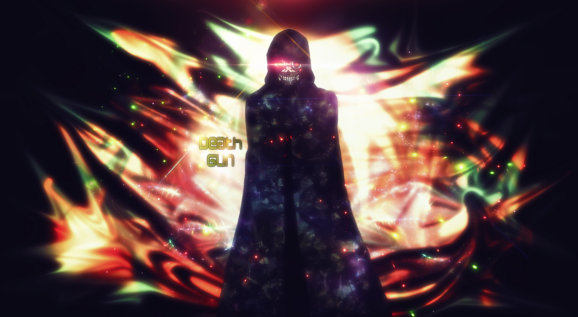 HD PC desktop wallpaper of Death Gun (Sword Art Online II): a hooded, cloaked figure with glowing red eyes before swirling neon flames and abstract light wings — anime style.