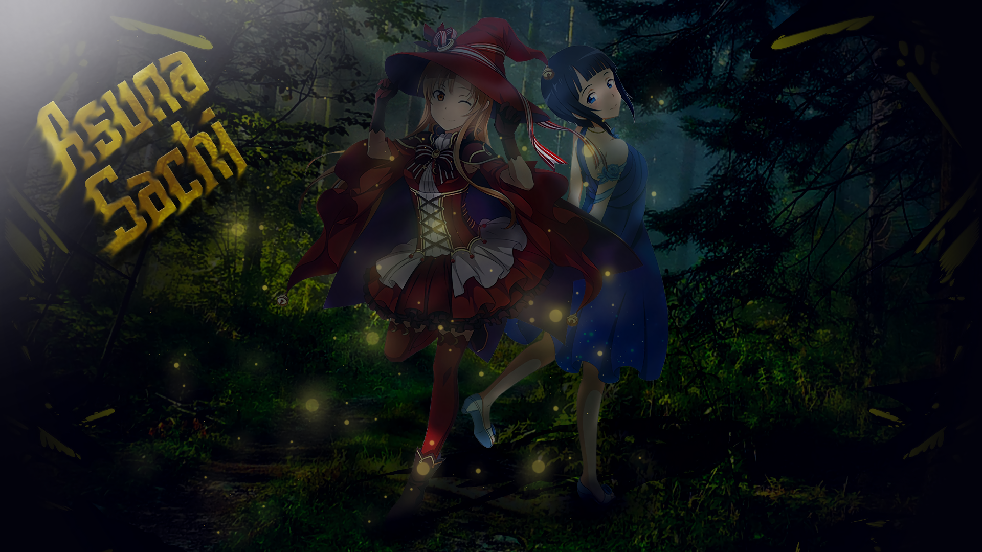 HD PC desktop wallpaper featuring anime characters Sachi and Asuna Yuuki from Sword Art Online in a dark, mystical forest setting.