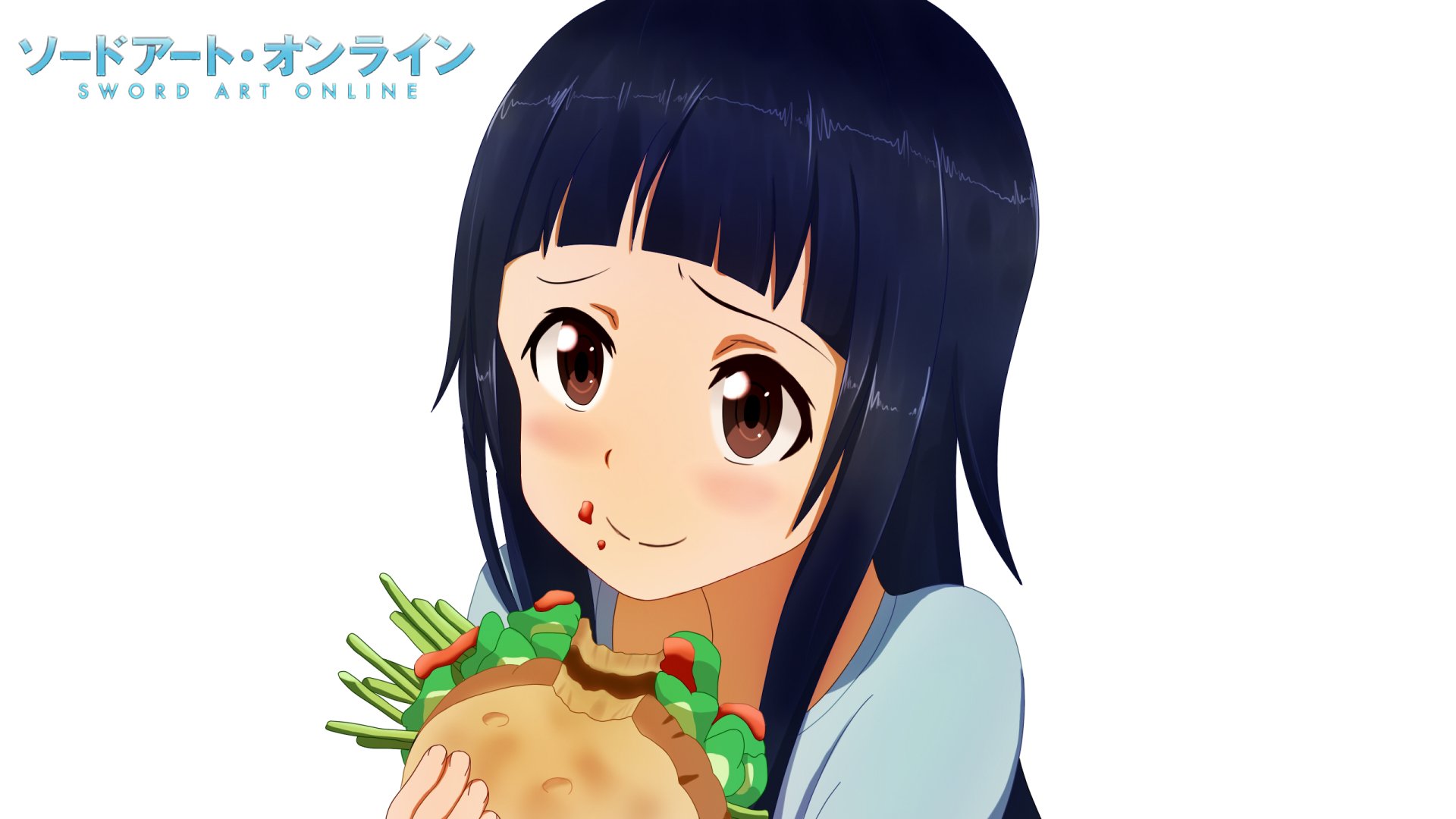 HD anime wallpaper featuring Yui from Sword Art Online holding a small, green plant-like creature with a soft smile on her face.