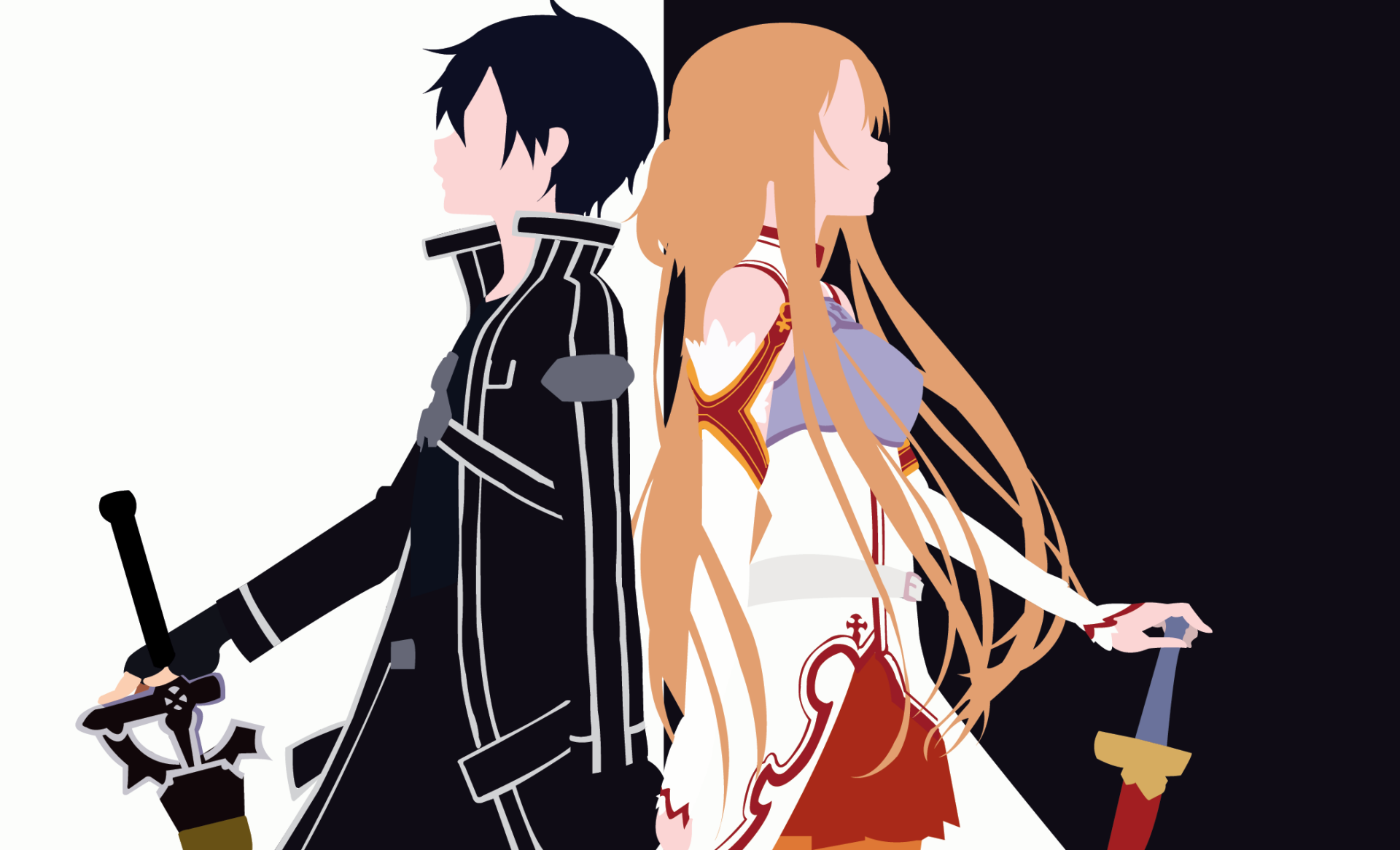 Minimalist HD PC wallpaper of Kirito (Kazuto Kirigaya) and Asuna Yuuki from Sword Art Online, back-to-back in stylized minimalist anime silhouettes against a split black-and-white background.