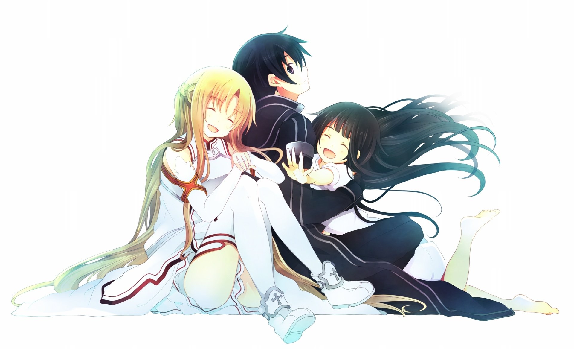HD anime wallpaper featuring Kirito (Kazuto Kirigaya), Asuna Yuuki, and Yui from Sword Art Online, showcasing the trio in a close, joyful pose.