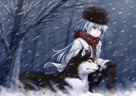 Hibiki (Kancolle) anime: silver-haired Hibiki in a winter coat and beret, scarf whipping in falling snow, seated beside a husky — HD PC desktop wallpaper, Kantai Collection background.