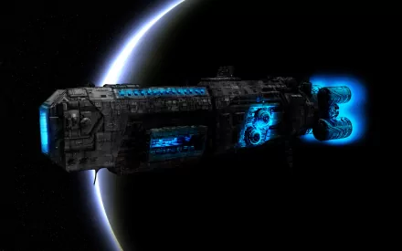 A detailed Sci-Fi battleship spaceship with glowing blue thrusters hovers in the dark void of space against a distant, illuminated planet. HD desktop wallpaper and background.