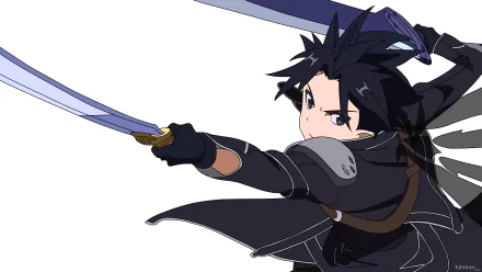 Kazuto Kirigaya, also known as Kirito from Sword Art Online, depicted in dynamic anime style wielding dual swords against a white backdrop, rendered in 8K Ultra HD.