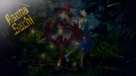 HD PC desktop wallpaper featuring anime characters Sachi and Asuna Yuuki from Sword Art Online in a dark, mystical forest setting.