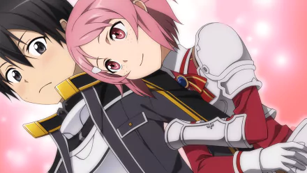 HD anime wallpaper featuring Kirito (Kazuto Kirigaya) and Lisbeth (Rika Shinozaki) from Sword Art Online, showcasing their close bond with a soft pink background.